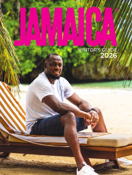 Jamaica Visitors Guide cover — Usain Bolt on a Jamaican beach